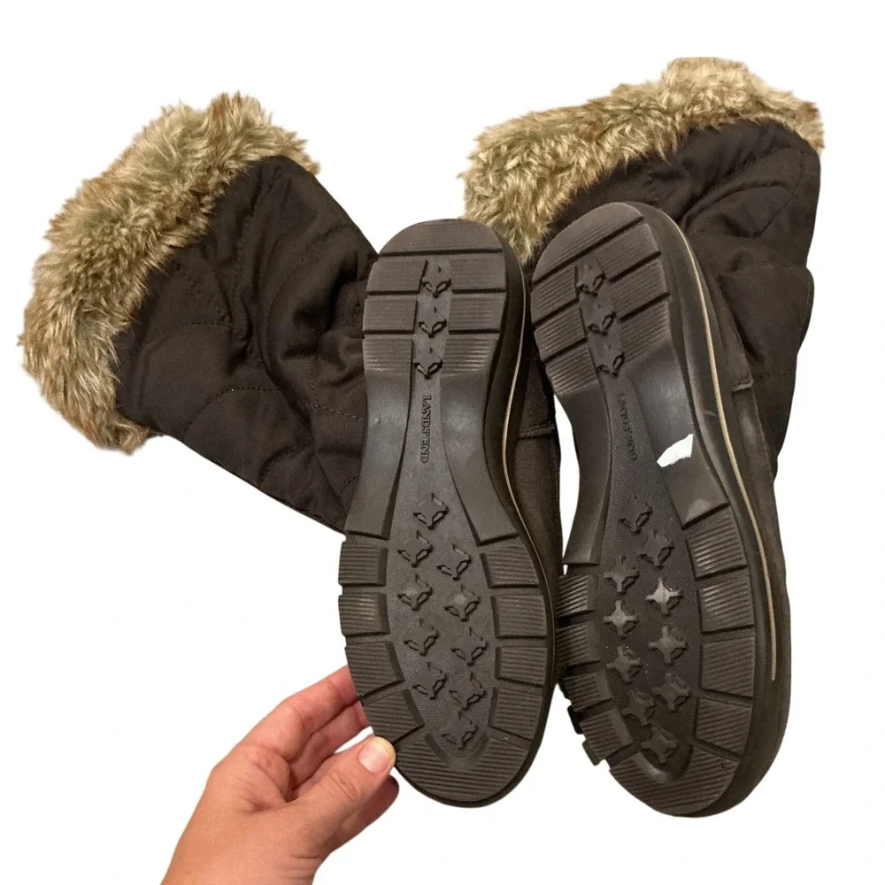 Lands End Womens Quilted Suede Winter Boots Faux Fur Trim Brown US 8 EU 38.5